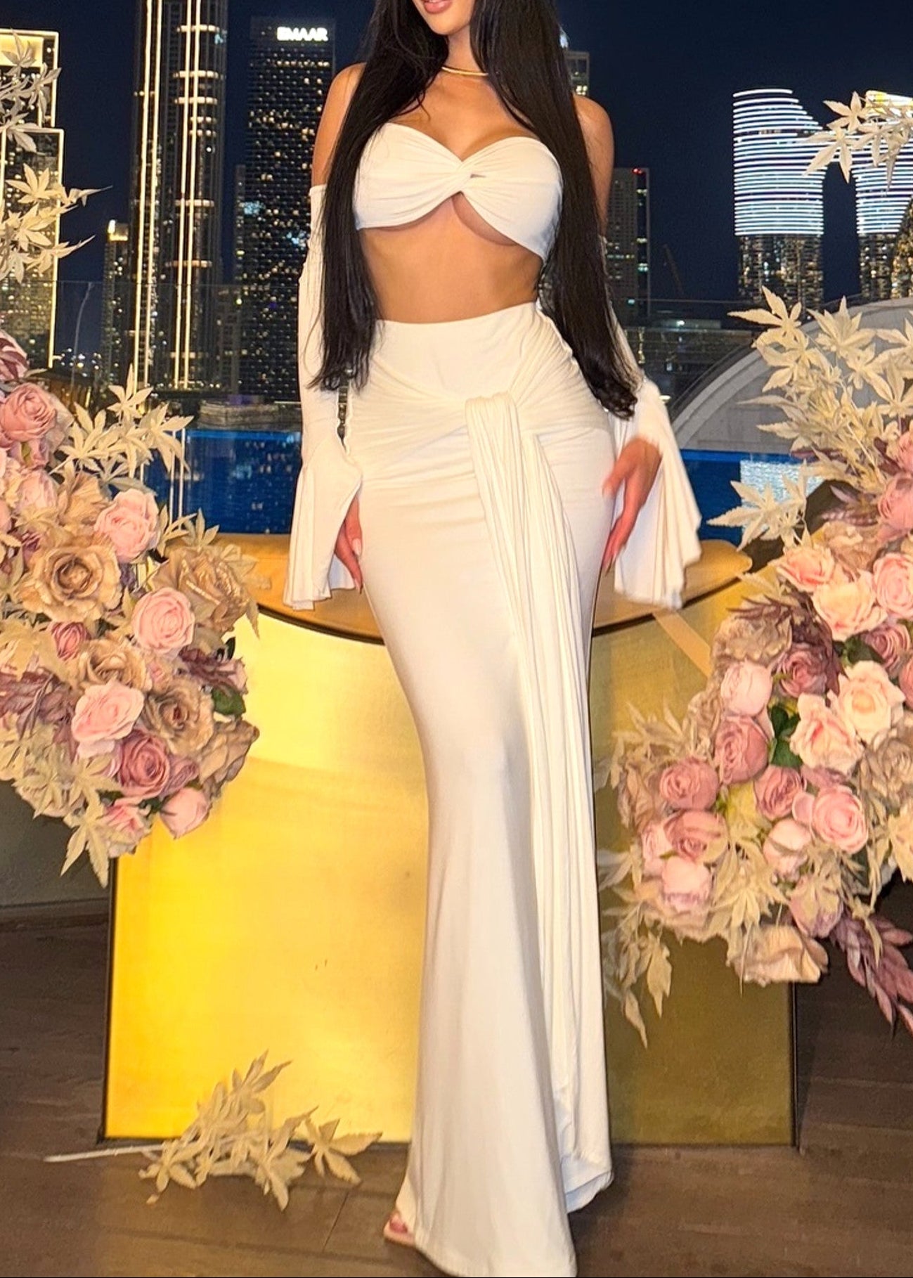 Akifumi Long Sleeve Bardot Two Piece Maxi Dress In White