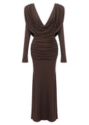 Sagebrush Long Sleeve Draped Backless Maxi Dress In Brown