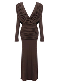 Sagebrush Long Sleeve Draped Backless Maxi Dress In Brown
