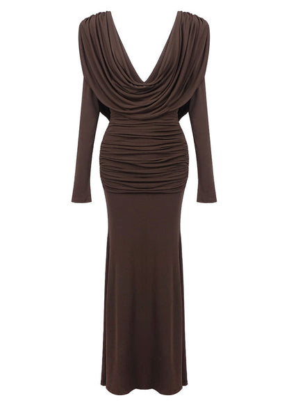 Sagebrush Long Sleeve Draped Backless Maxi Dress In Brown