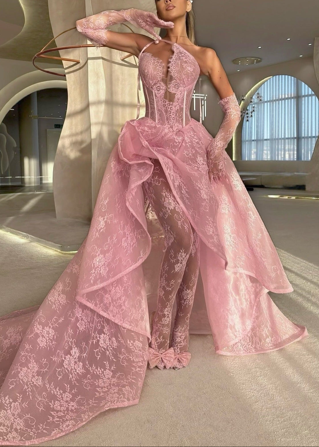 Barnard One Shoulder Lace Insert Maxi Dress In Hot Pink