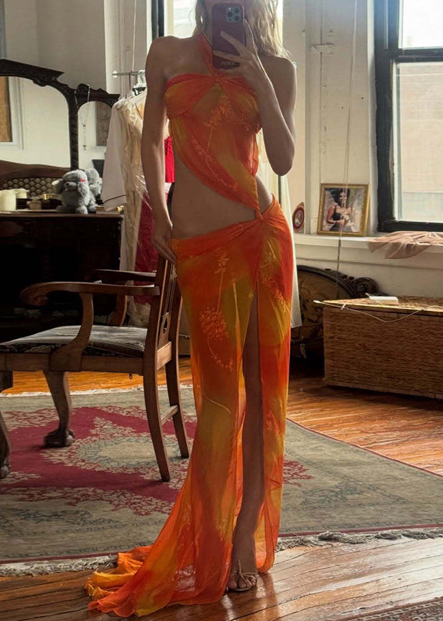 Chalsie Halterneck Printed Split Maxi Dress