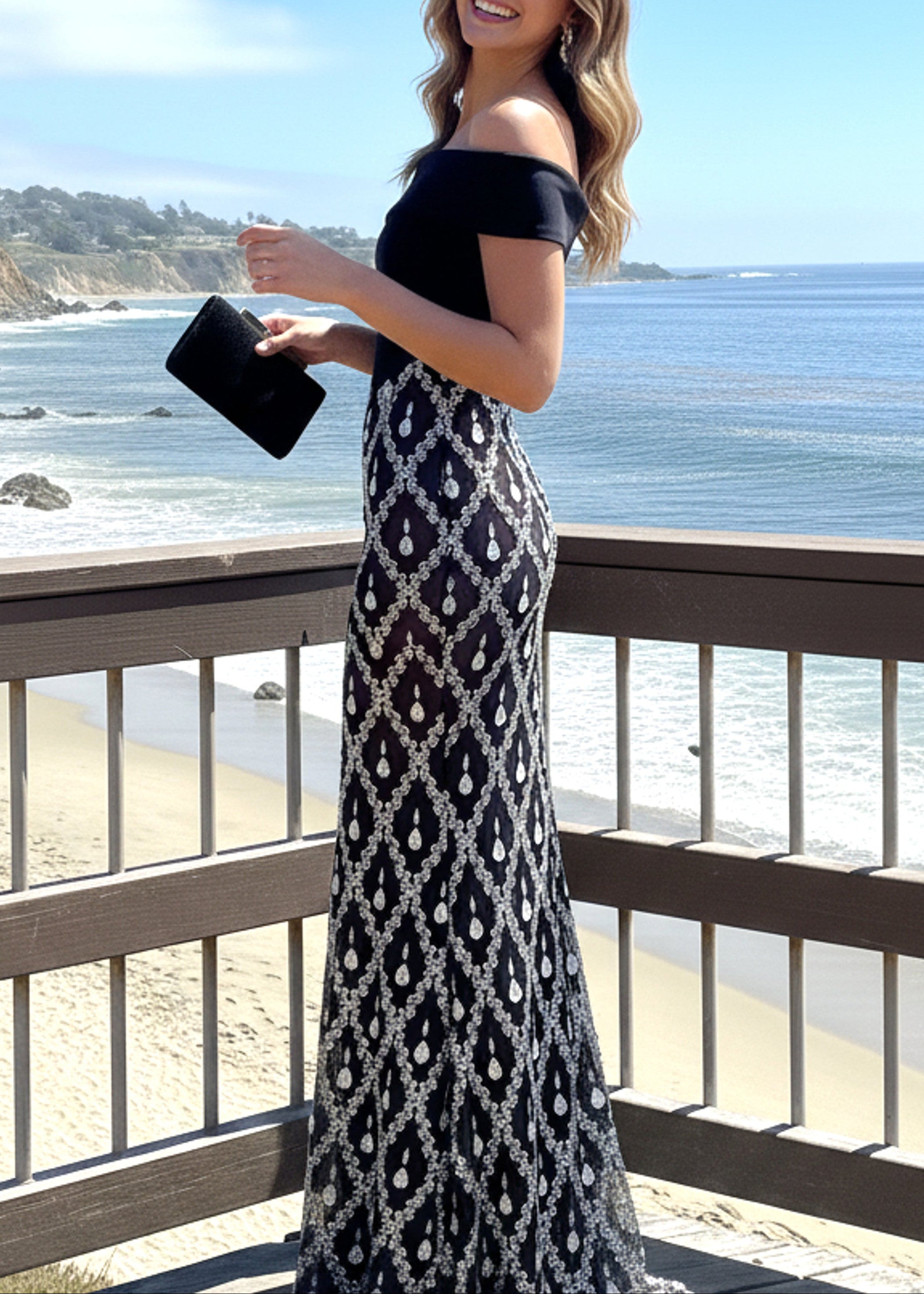 Isomorph Bardot Crystal Embellished Maxi Dress In Black