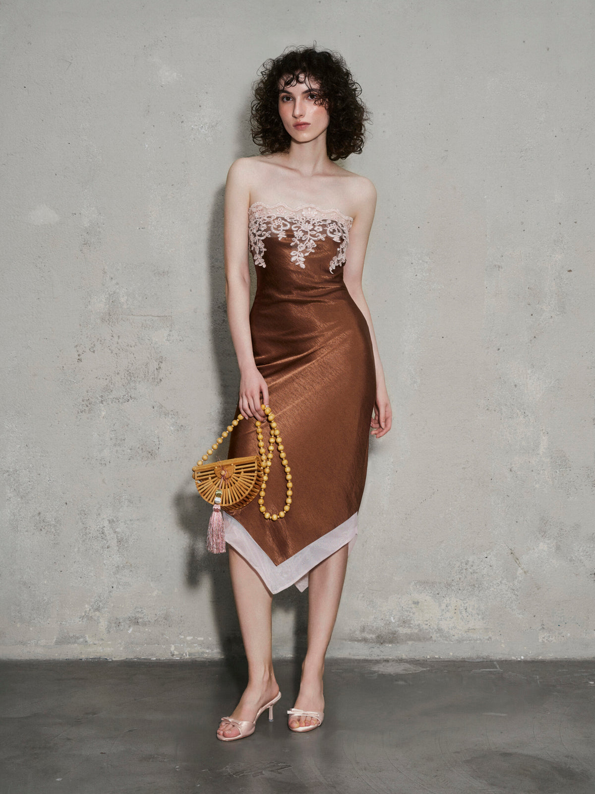 Gravenk Lace-Paneled Satin Midi Dress In Brown