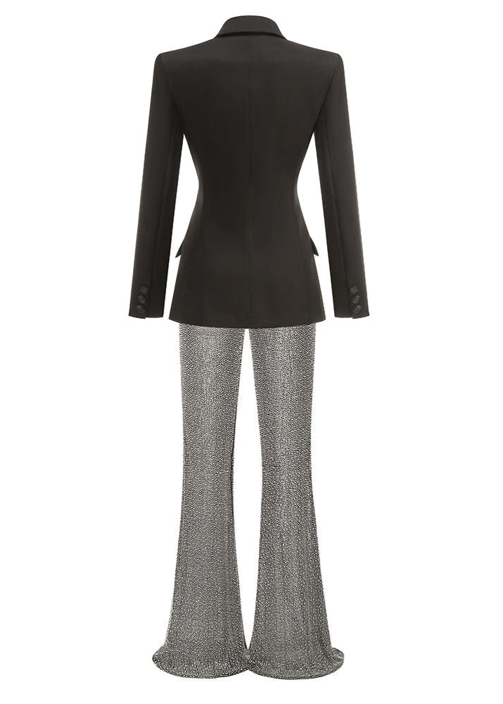Netia V Neck Long Sleeve Rhinestone Suit In Black