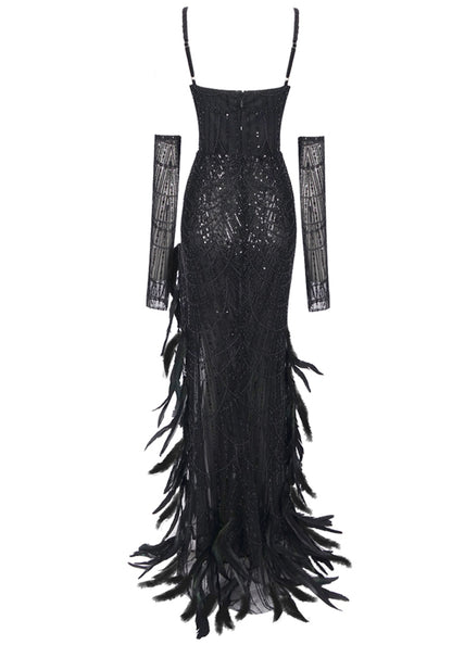 Elemer Sequin Feather Maxi Dress In Black