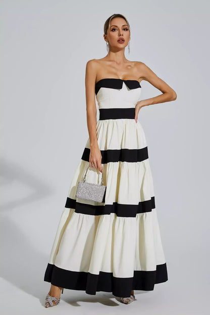 Jerryl Strapless Striped Bowknot Maxi Dress In White