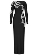 Ezron Long Sleeve Crystal Design Maxi Dress In Black