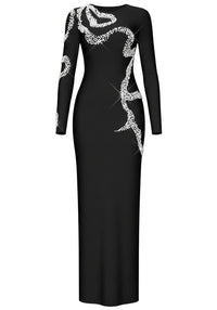 Ezron Long Sleeve Crystal Design Maxi Dress In Black