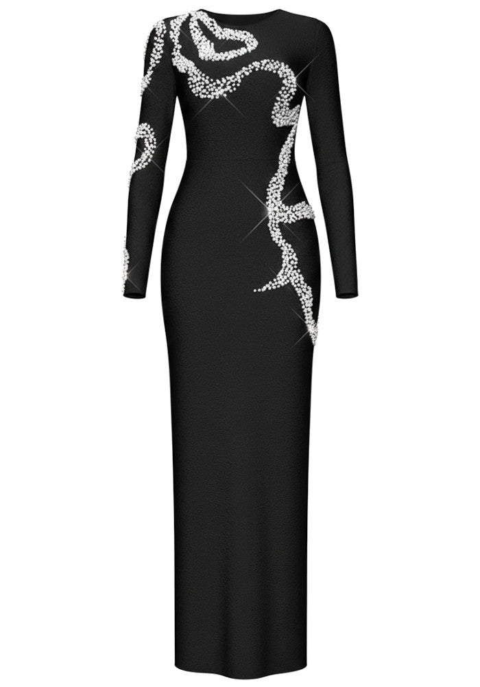 Ezron Long Sleeve Crystal Design Maxi Dress In Black