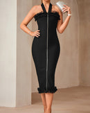 Lenah Halter Mesh Ruffle Midi Dress In Black