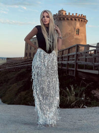 Jonix Mesh Tassel Sequin Long Skirt Set