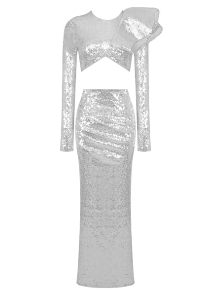 Aksel Long Sleeve Sequin Maxi Two Piece Dress In Silver