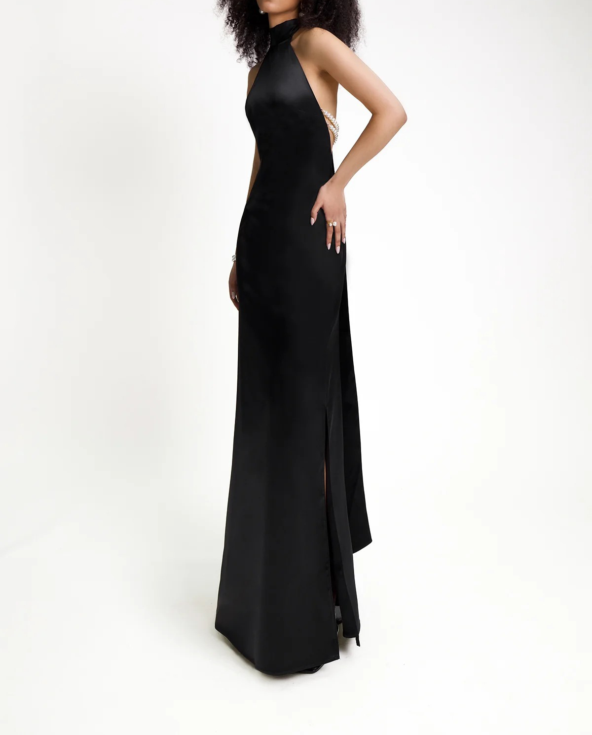 Halcyon Satin Belt Backless Pearl Embellished Maxi Dress In Black