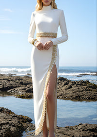 Eivissa Long Sleeve Gold Trim Two Piece Maxi Dress In White