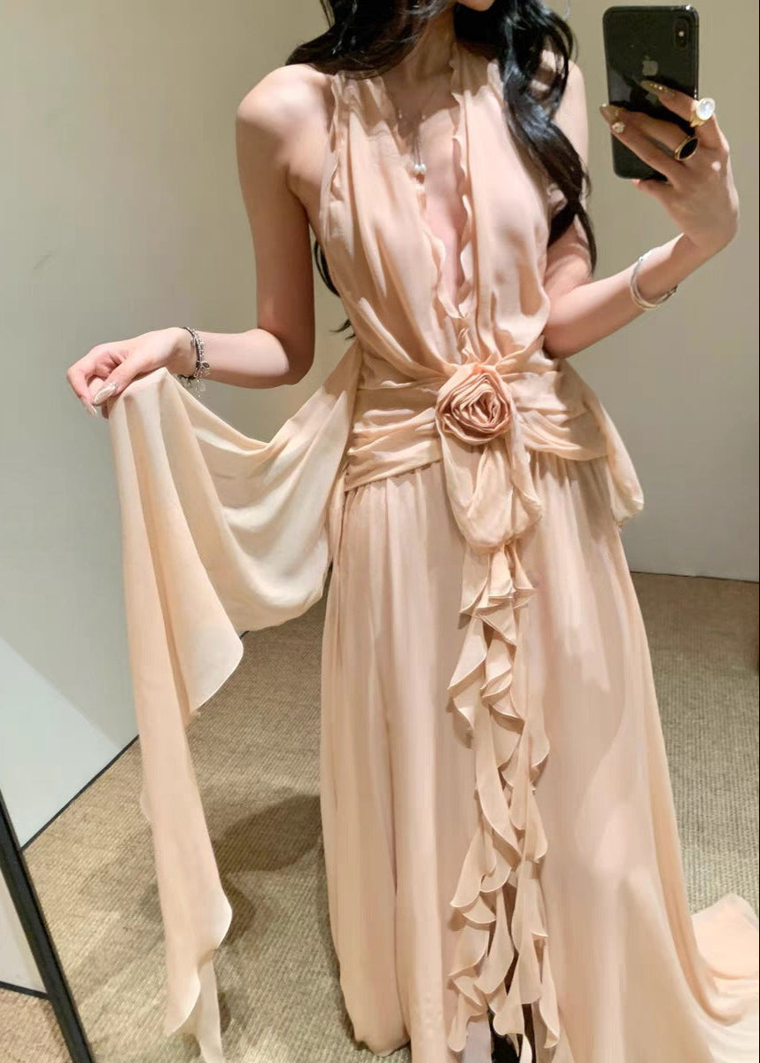 Cyvrix Floral Ruffle Halter Maxi Dress In Pink