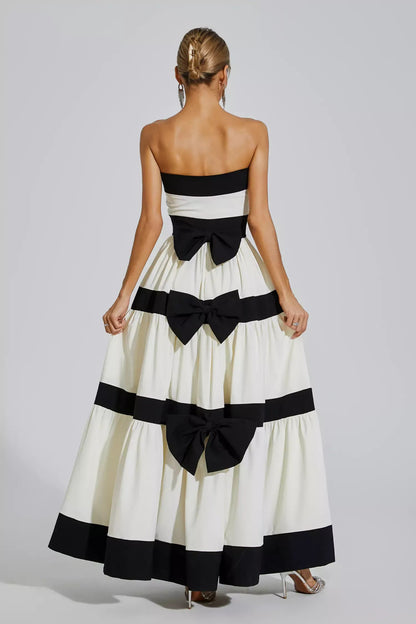 Jerryl Strapless Striped Bowknot Maxi Dress In White