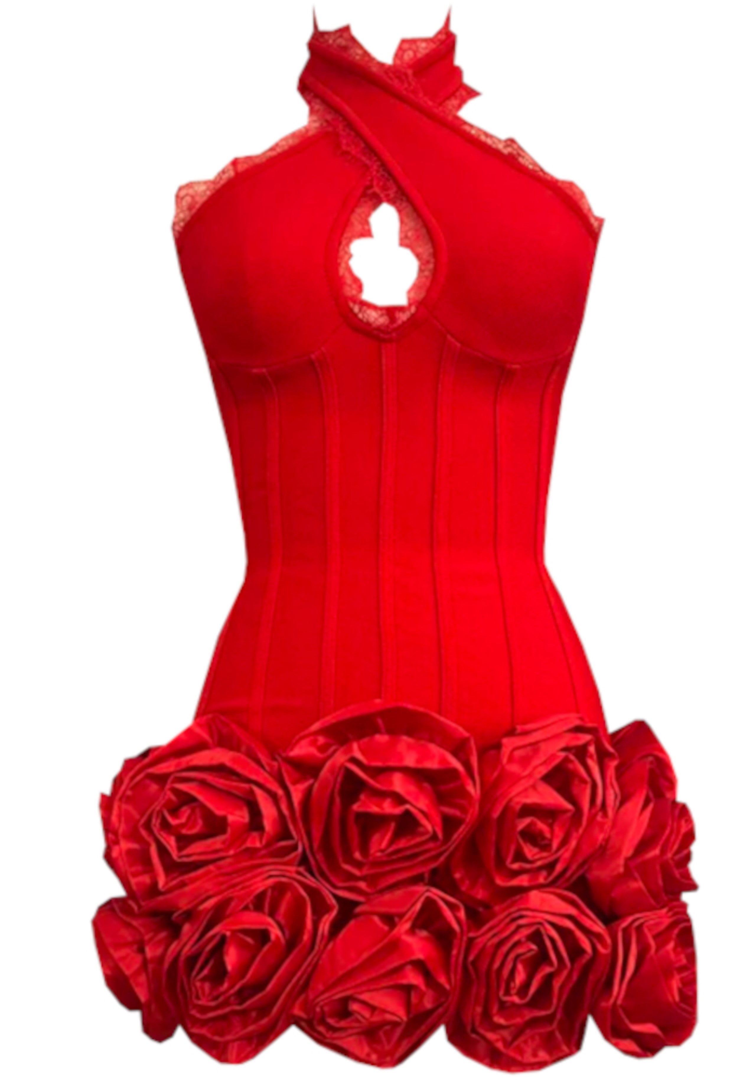 Alythia Halter Lace Insert Floral Dress In Red