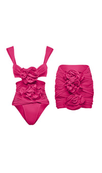 Aizen 3d Flower One Piece Swimsuit And Skirt In Pink
