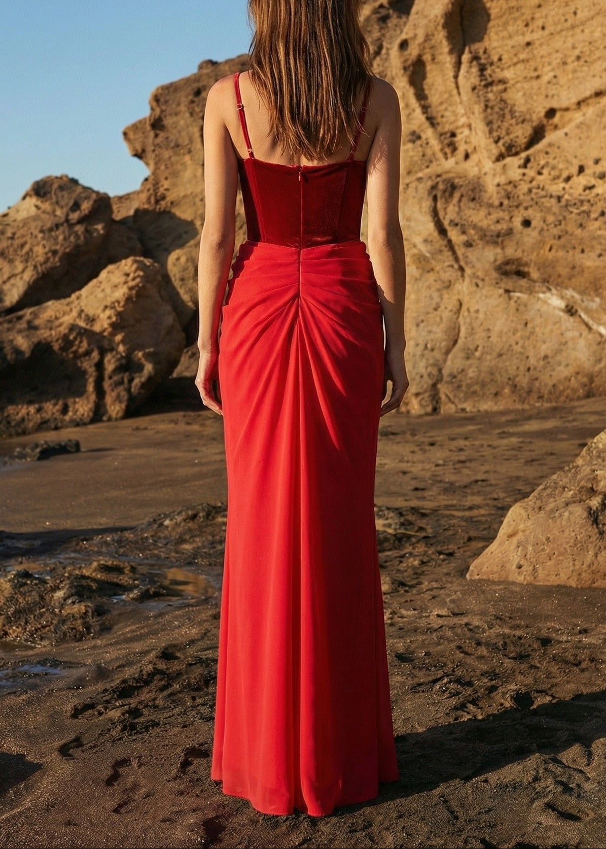 Cazmir Velvet Bustier Draped Maxi Dress In Red