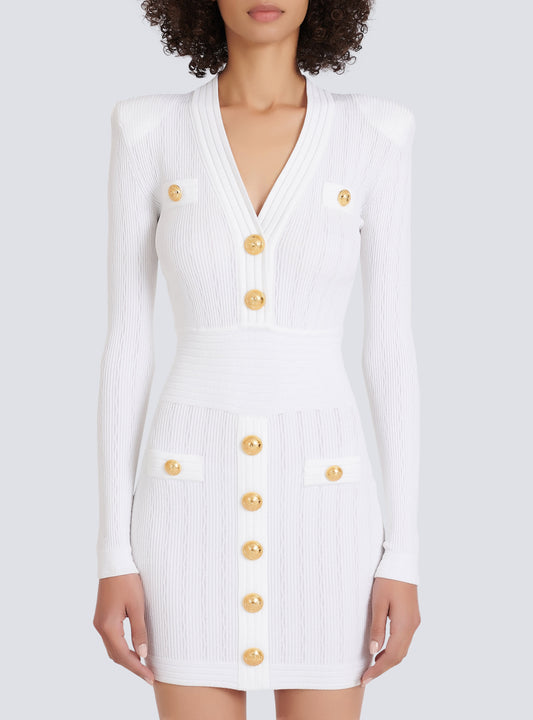 Sable White Short Knitted Mini Dress With Gold Buttons