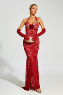 Denali Lace Mesh Maxi Dress In Wine Red