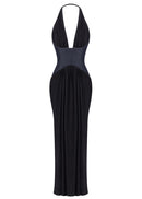 Chyna Halter Denim Insert Maxi Dress In Black