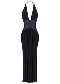 Chyna Halter Denim Insert Maxi Dress In Black
