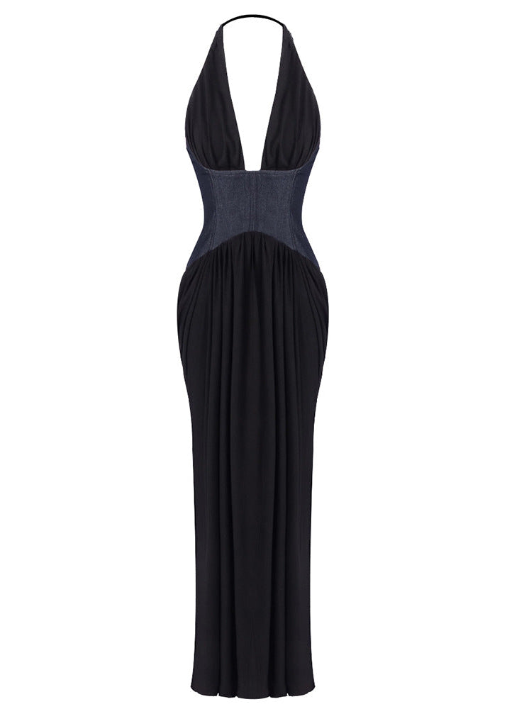 Chyna Halter Denim Insert Maxi Dress In Black