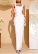 Baina Floral Detail Pearl Maxi Dress In White