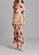 Chesley Floral Embroidery Mesh Fishtail Midi Dress In Brown