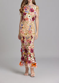 Chesley Floral Embroidery Mesh Fishtail Midi Dress In Brown