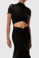 Farrux Draped Mesh A Line Maxi Dress In Brown