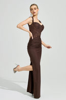 Luxyvar Lace Bustier Draped Maxi Dress In Brown