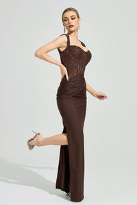 Luxyvar Lace Bustier Draped Maxi Dress In Brown