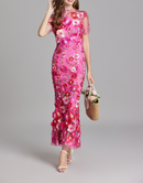 Chesley Floral Embroidery Mesh Fishtail Midi Dress In Pink