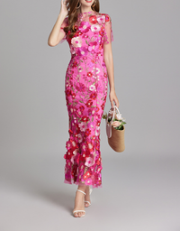 Chesley Floral Embroidery Mesh Fishtail Midi Dress In Pink
