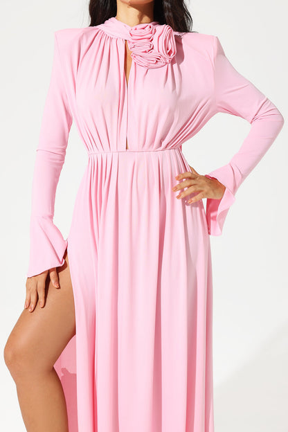 Abelia Lantern Sleeve High Collar Flower Slit Midi Dress In Pink