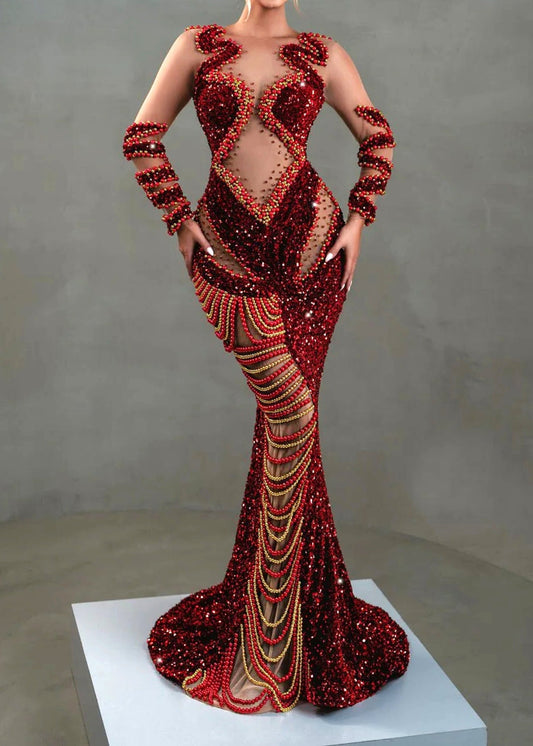 Orsolya Long Sleeve Sequin Mermaid Maxi Dress In Red