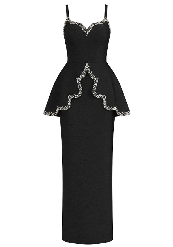 peplum maxi dress Cynosure Crystal Trim Peplum Maxi Dress In Black – Night Novas