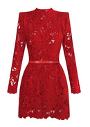 Geyera Long Sleeve Crochet Mini Dress In Red