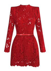 Geyera Long Sleeve Crochet Mini Dress In Red