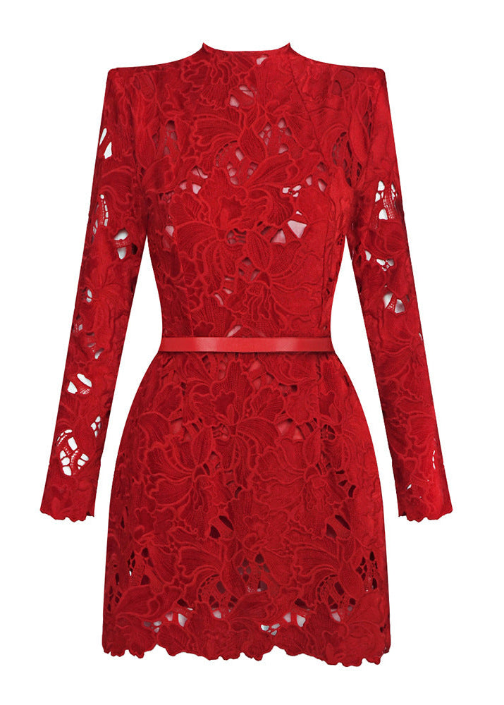 Geyera Long Sleeve Crochet Mini Dress In Red