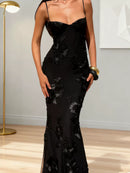 Dichen Black Floral Appliqué Corset Maxi Dress
