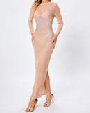 Hilaria Long Sleeve Crystal Mesh Maxi Dress In Nude
