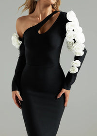 Patricia One Shoulder Flower Embellished Cutout Bandage Maxi Dress In Black