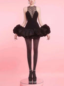 Glomara Sequined Mesh Ruffle Mini Dress In Black