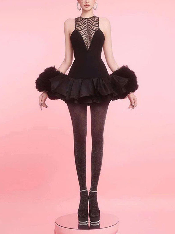 Glomara Sequined Mesh Ruffle Mini Dress In Black