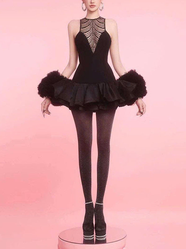 Glomara Sequined Mesh Ruffle Mini Dress In Black