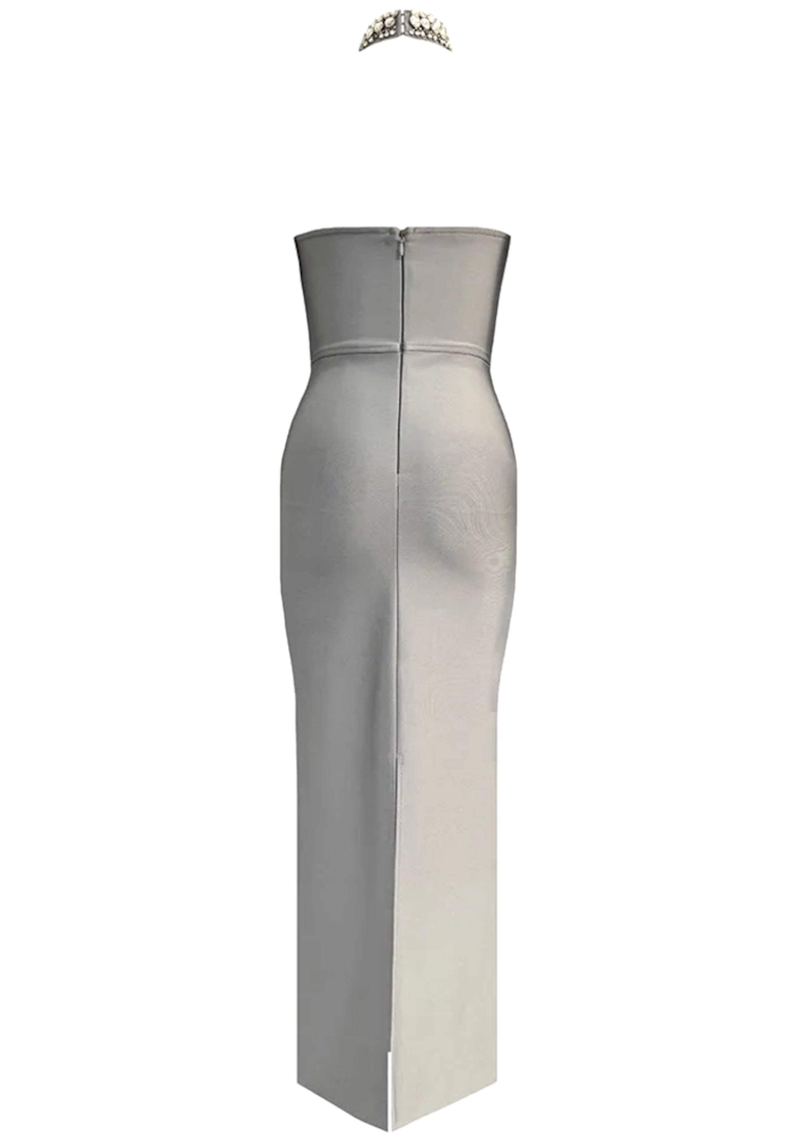 Aethon Crystal Choker Strapless Maxi Dress In Grey